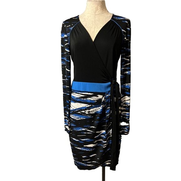 BCBGMaxAzria Dress Blue Black White Dress M Medium Long Sleeve Stretch Wrap - Picture 2 of 10
